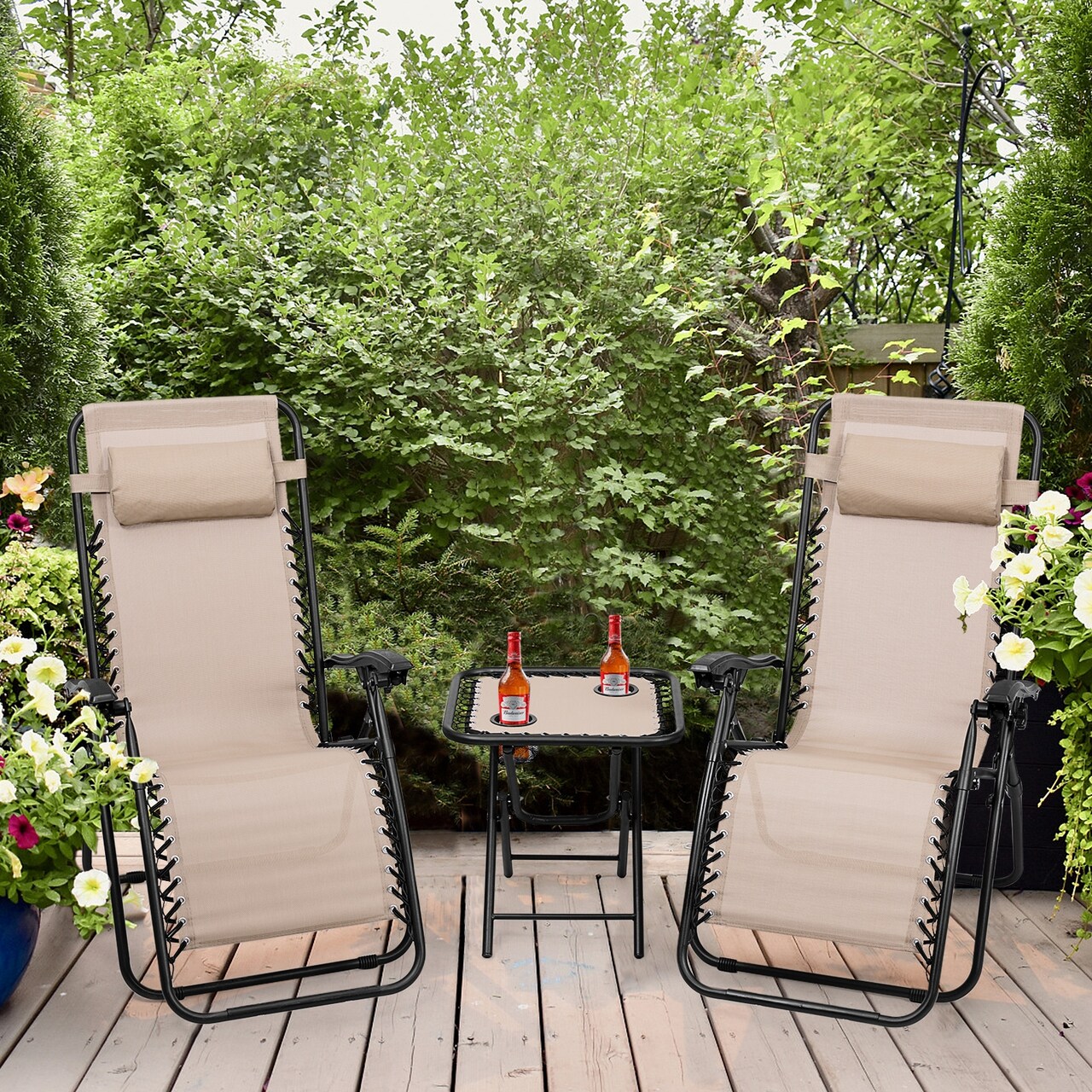 3 Pieces Folding Portable Zero Gravity Reclining Lounge Chairs Table Set